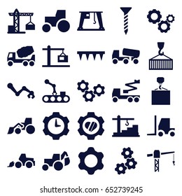 Machinery icons set. set of 25 machinery filled icons such as construction crane, screw, concrete mixer, excavator, tractor, crane, hook with cargo, plowing tool