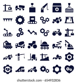 Machinery icons set. set of 36 machinery filled icons such as gear, truck crane, construction crane, concrete mixer, excavator, tractor, hook with cargo, plowing tool