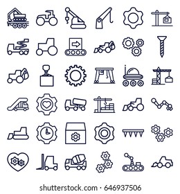 Machinery icons set. set of 36 machinery outline icons such as truck crane, gear, construction crane, screw, concrete mixer, excavator, tractor, hook with cargo, plowing tool