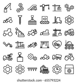 Machinery icons set. set of 36 machinery outline icons such as truck crane, construction crane, gear, screw, concrete mixer, excavator, tractor, hook with cargo, plowing tool