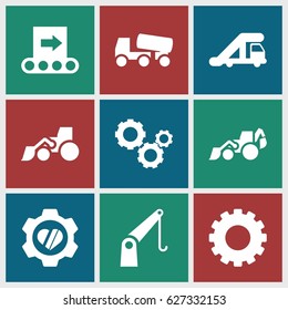 Machinery icons set. set of 9 machinery filled icons such as gear, truck crane, excavator, concrete mixer, heart in gear, cargo crane