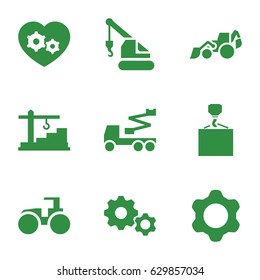 Machinery icons set. set of 9 machinery filled icons such as excavator, tractor, crane, hook with cargo, gear heart, construction  crane
