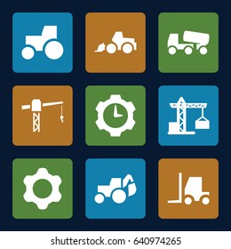 Machinery icons set. set of 9 machinery filled icons such as construction crane, excavator, tractor, concrete mixer, gear