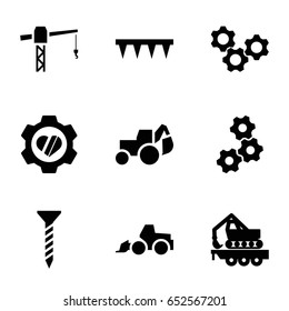 Machinery icons set. set of 9 machinery filled icons such as screw, construction crane, excavator, plowing tool, heart in gear, cargo crane