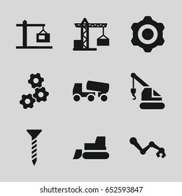 Machinery icons set. set of 9 machinery filled icons such as construction crane, screw, tractor, crane, concrete mixer, construction  crane, robot arm