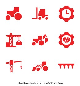 Machinery icons set. set of 9 machinery filled icons such as construction crane, excavator, tractor, plowing tool, heart in gear