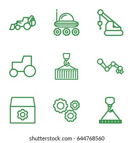 Machinery icons set. set of 9 machinery outline icons such as gear, tractor, excavator, crane, hook with cargo, cargo on hook