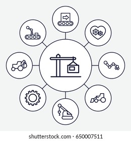 Machinery icons set. set of 9 machinery outline icons such as gear, excavator, crane, gear heart, construction  crane, conveyor, conveyor and robot arm