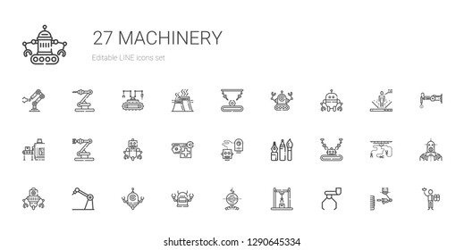 machinery icons set. Collection of machinery with robot, industrial robot, tools, conveyor, worker, industry. Editable and scalable machinery icons.