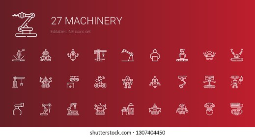 machinery icons set. Collection of machinery with robot, conveyor, industrial robot, crane. Editable and scalable machinery icons.