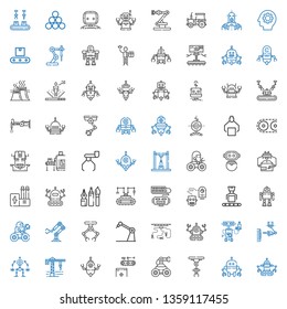 machinery icons set. Collection of machinery with robot, industrial robot, conveyor, crane, tools, industry, worker, gear, tractor. Editable and scalable machinery icons.