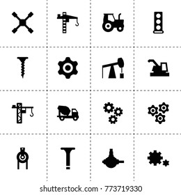 Machinery icons. vector collection filled machinery icons. includes symbols such as harvester, gear, tractor, construction crane. use for web, mobile and ui design.