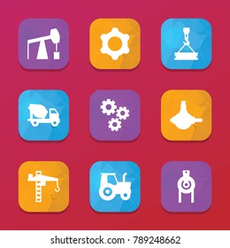 Machinery icons. vector collection filled machinery icons set.. includes symbols such as gear, tractor, construction crane. use for web, mobile and ui design.