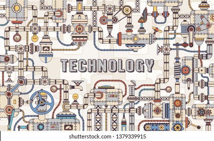 Machinery industrial steampunk concept frame from mechanical parts pipes and devices. Doodle style. Vector layered illustration.