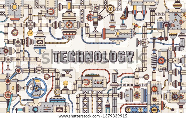 機械部品のパイプと装置から製造する工業用蒸気パンクのコンセプトフレーム 落書き風 ベクター画像のレイヤーイラスト のベクター画像素材 ロイヤリティフリー