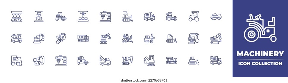 Colección de iconos de la línea de máquinas. Trazo editable. Ilustración vectorial. Conteniendo correa transportadora, fresado, rodillos de carretera, maquinaria, fresadora, tractor, maquinaria pesada, camión, camión de volcado, excavadora.