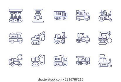 Machinery line icon set. Editable stroke. Vector illustration. Containing conveyor belt, milling, dump truck, dumper truck, tractor, excavator, forklift, demolish, loader, crane truck.