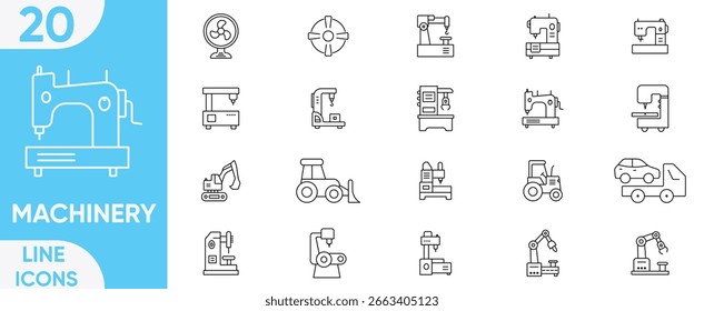 Conjunto de iconos de línea de maquinaria. Industria de carrera editable, máquinas herramientas, minero, minería, máquina de perforación, camión, elevador de automóviles, tractor, excavadora y más. Ilustración vectorial