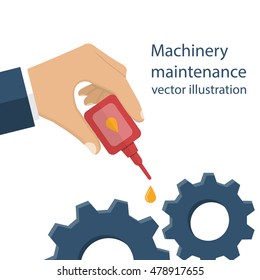 Machinery maintenance. Repair of equipment. Worker man holding the oiler in hand, the lubricating mechanism. Vector illustration flat design.