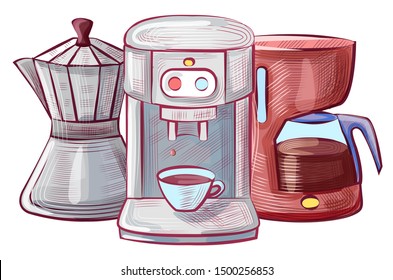 Machinery for making coffee beverage vector, sketches of cup with drink, moka pot and coffeemaker. Glass pot machine with buttons and mug flat style