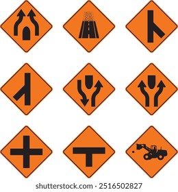 machinery on the road, right, left, end of road, end of pavement, intersection of roads, one-way separator, orange signal, pictogram, preventive, icon, vector, orange, rhombus, symbol