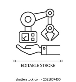Machinery owning linear icon. Manufacturing robot arm. Industrial plant equipment. Thin line customizable illustration. Contour symbol. Vector isolated outline drawing. Editable stroke