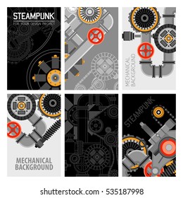 Machinery parts brochures design with industrial pipes mechanisms valves cogwheels and gears vector illustration