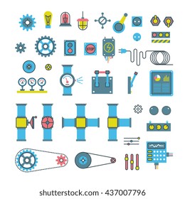 Machinery parts flat vector icons. Machinery gear for industry, wheel with cog and engineering mechanical gear equipment illustration