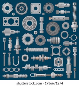 Machinery Parts Icons, Machine Engine Mechanisms And Gears, Vector Industry Equipment. Factory Mechanic Parts And Tools, Lever And Cog Wheel, Mechanical Tools, Construction Metal Shafts And Gaskets