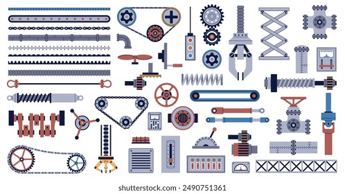 Machinery parts. Mechanisms and industrial elements, technical details, engine elements, robotic gears, buttons, levers, industrial collection, cartoon flat isolated nowaday vector set