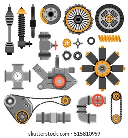 Machinery parts set with different industrial and technical elements on white background isolated vector illustration