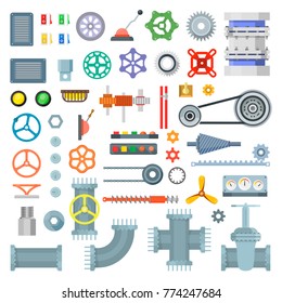 Machinery parts set. Different working parts of a machine, system of related equipment elements. Vector flat style cartoon illustration isolated on white background