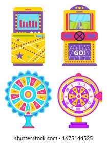 Machinery for playing and gambling vector, isolated set of game machine flat style. Arcade gambling games in casino. Fortune wheel pointing on money and reward in casino. Gaming computer machinery
