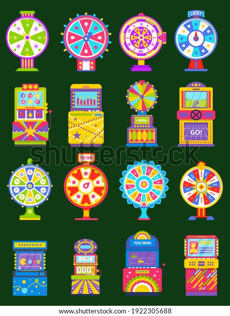 Machinery for playing and gambling vector,\
isolated set of game machine flat style. Arcade gambling games in\
casino. Fortune wheel pointing on money and reward in casino.\
Gaming computer\
machinery