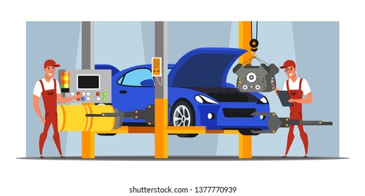 Machinery Production Flat Illustration. Automobile Industry. Car Manufacturing, Construction Process. Car Factory Workers Controlling Engine Setting. Automotive Technology. Handymen Vector Characters