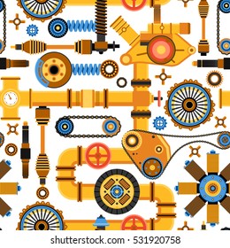 Machinery seamless pattern with various technical and industrial elements in flat style vector illustration