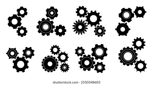 Tecnología de maquinaria, símbolos de rueda dentada aislados con compromiso de dientes. Conjunto de iconos de ruedas de engranaje de Vector. Piñón del motor. Rotación técnica de configuración. Símbolo del mecanismo para la industria de la fábrica