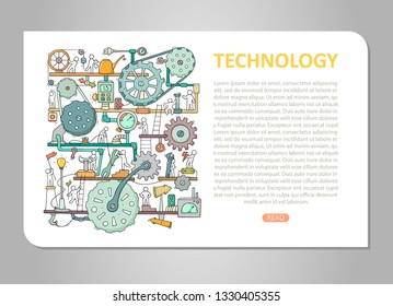 Machinery template with space for text. Doodle cartoon mechanism with people and cogwheels. Hand drawn vector illustration for business and industry design isolated on white.