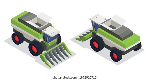 Machinery for textile and spinning industry isometric icons set of two harvesting machine for collecting raw cotton vector illustration