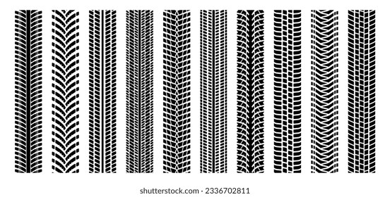 Machinery tire tracks. Motorcycle and car tires marks trail, dirt tire traces on street, rubber tire marks for rally car and bike. Vector isolated set. Motor vehicle driving road print