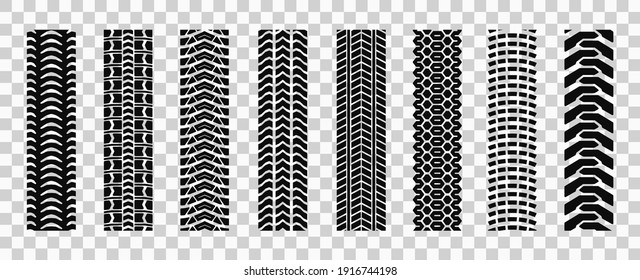 Machinery tires track set, tire ground imprints isolated, vehicles tires footprints, tread brushes, seamless transport ground trace or marks textures, wheel treads - vector