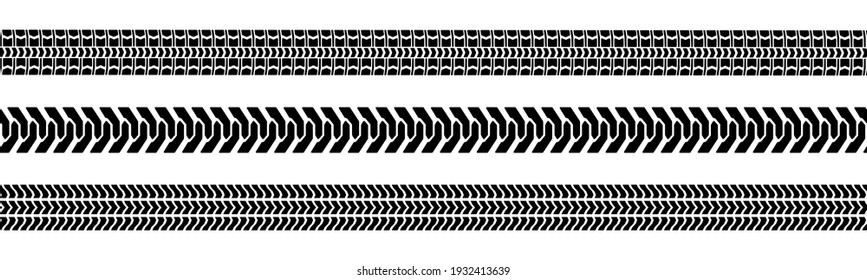 Machinery tires track set, tire ground imprints isolated, vehicles tires footprints, tread brushes, seamless transport ground trace or marks textures, wheel treads - for stock