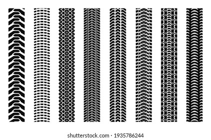 Machinery tires track set, tire ground imprints isolated, vehicles tires footprints, tread brushes, seamless transport ground trace or marks textures, wheel treads - vector for stock