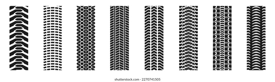 Machinery tires track set, tire ground imprints isolated, vehicles tires footprints, tread brushes, seamless transport ground trace or marks textures, wheel treads - for stock