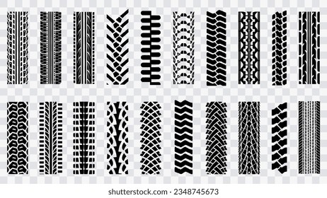 Machinery tires track set, tire ground imprints isolated, vehicles tires footprints, tread brushes, seamless transport ground trace or marks textures, wheel treads - vector.