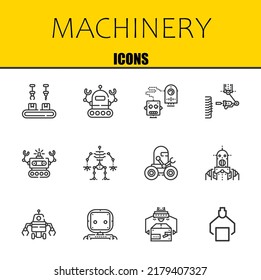 machinery vector line icons set. industrial robot, robot and robot Icons. Thin line design. Modern outline graphic elements, simple stroke symbols stock illustration