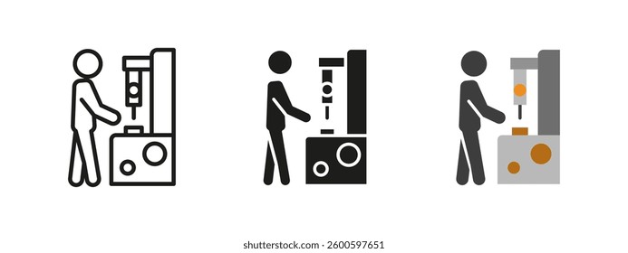 Machinery worker icon. Industrial automation vector illustration. Factory worker operating machine symbol. Manufacturing and production process sign. Industry and automation pictogram.