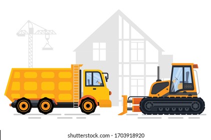 Machinery of working area construction of new building vector. Truck transporting cargo and bulldozer, engineering and constructing. Machine flat style