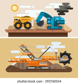 Machines for digging caves. Construction process. Industrial landscape, mining metallurgy. Vector flat illustration