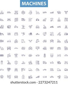 Los iconos de la línea de máquinas, los signos establecidos. Robots, Automata, Computadoras, Electrónica, Herramientas, Motores, Gadgets, Dispositivos, Aparatos esbozan ilustraciones vectoriales.